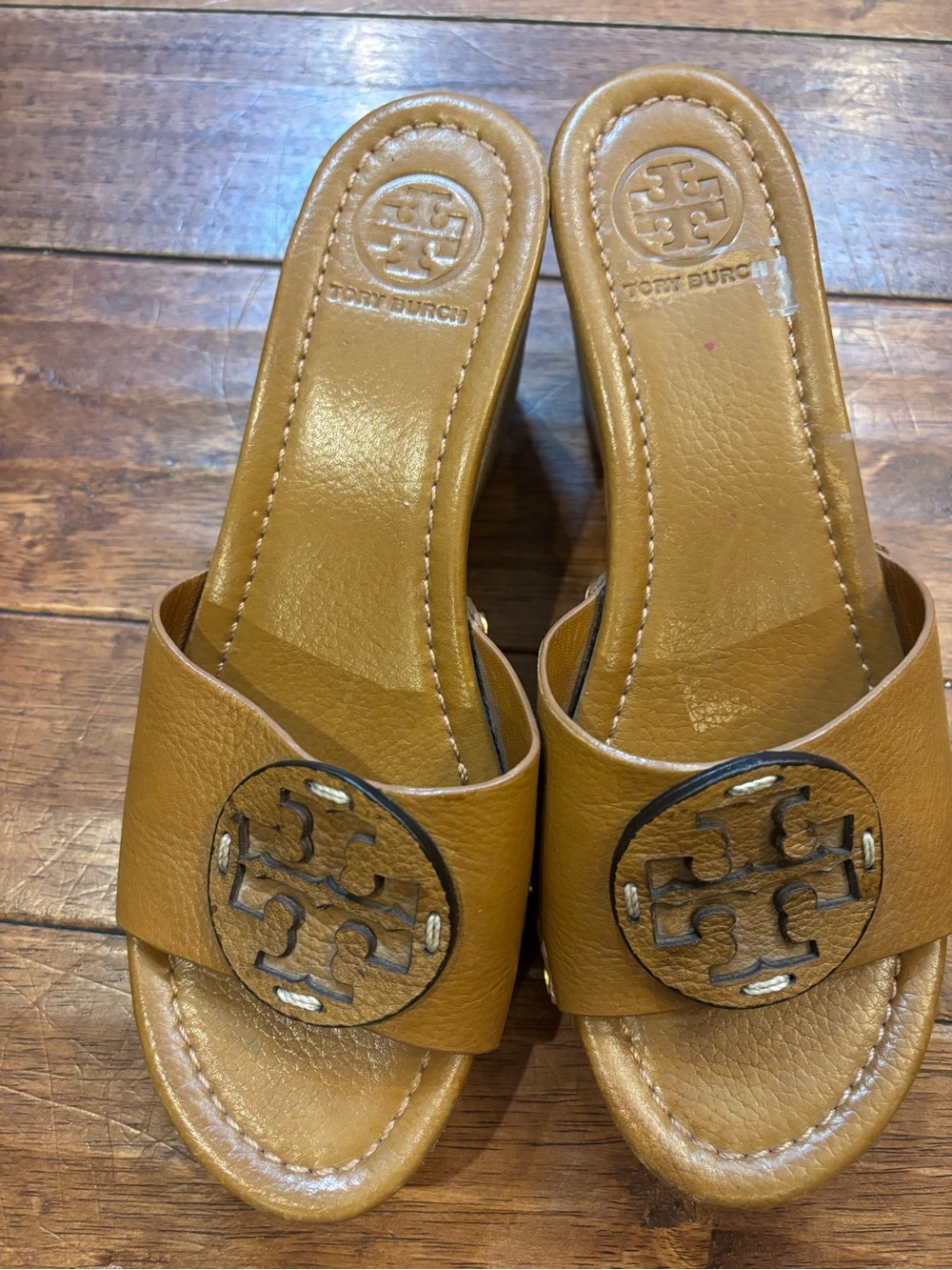 Tory Burch Tan Leather Slide platform sandals